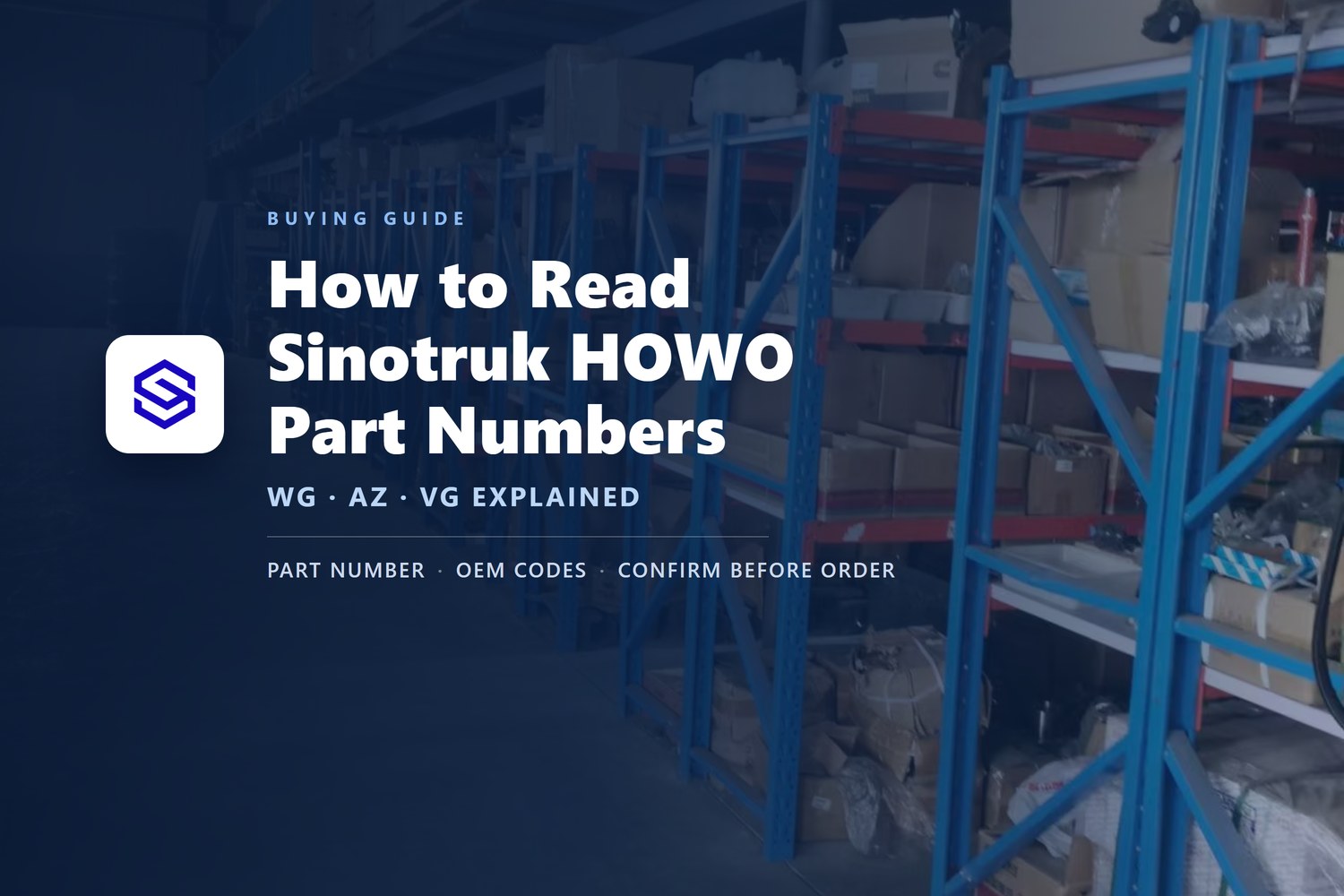 Guide to reading Sinotruk HOWO part numbers with WG, AZ and VG prefixes, over a warehouse of truck parts