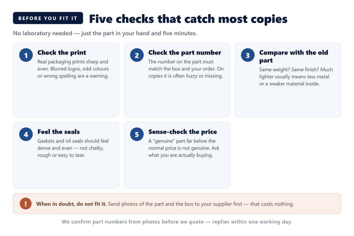 Checklist card: five checks before fitting a HOWO part — packaging print, part number, weight and finish, seals, price