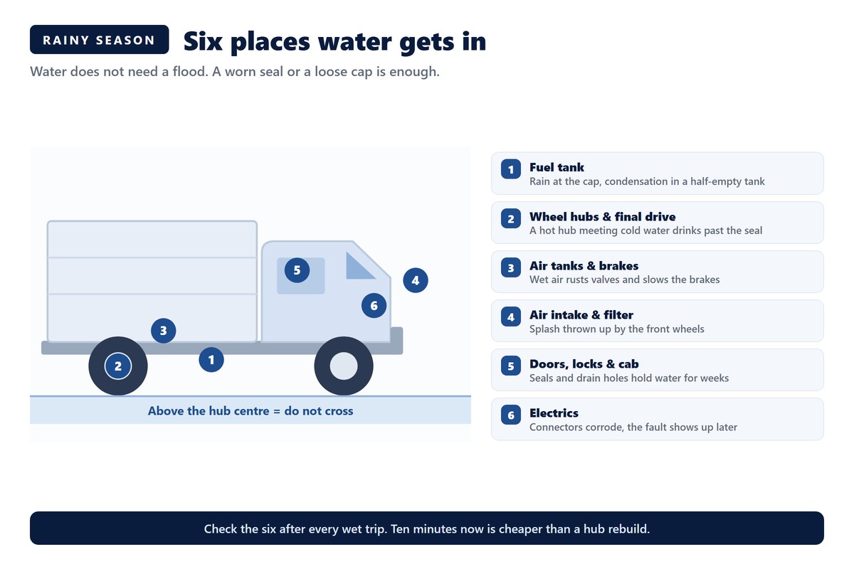 Diagram of a HOWO truck showing six places water gets in during the rainy season: fuel tank, wheel hubs and final drive, air tanks and brakes, air intake and filter, doors and cab, and electrics