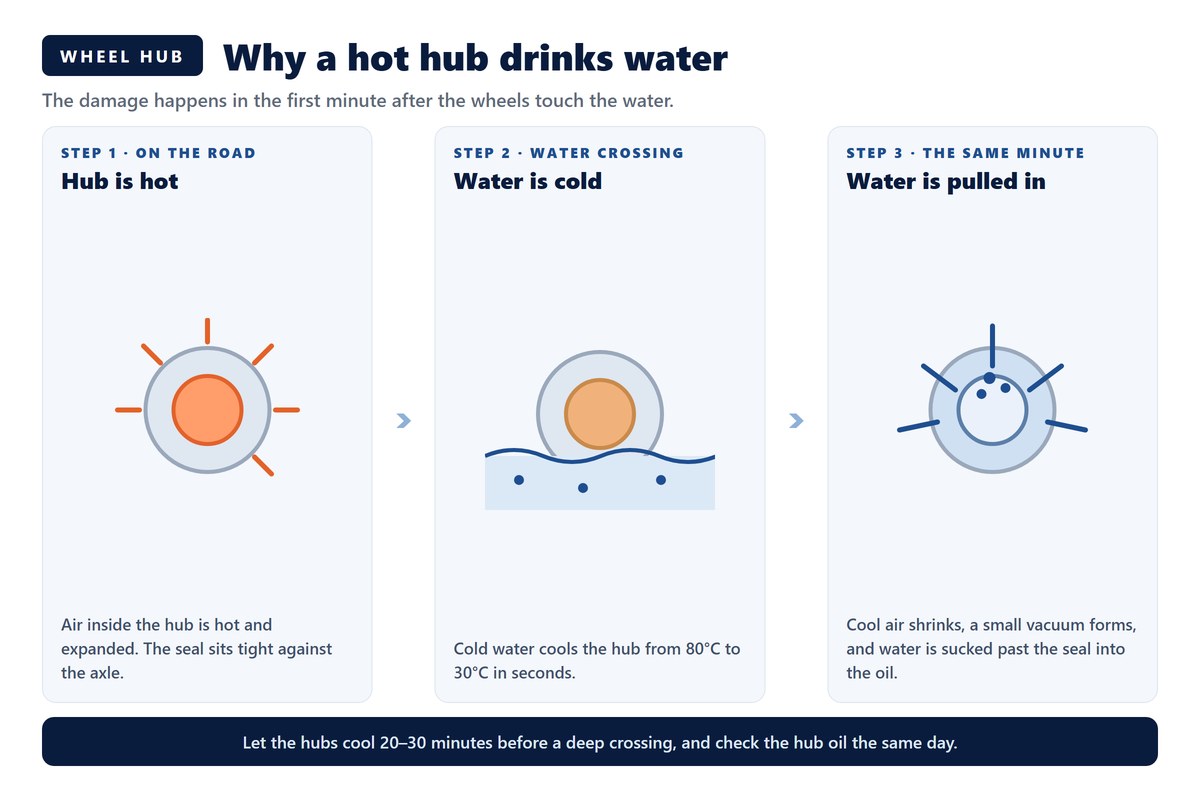 Three-step diagram explaining why a hot wheel hub pulls water past the seal: hot hub with expanded air, cold water at the crossing, then shrinking air sucking water into the hub oil