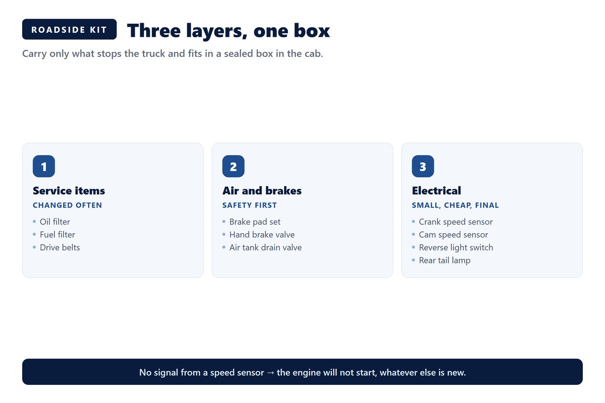 Three layers of a HOWO roadside spare parts kit: service items, air and brake parts, and electrical parts