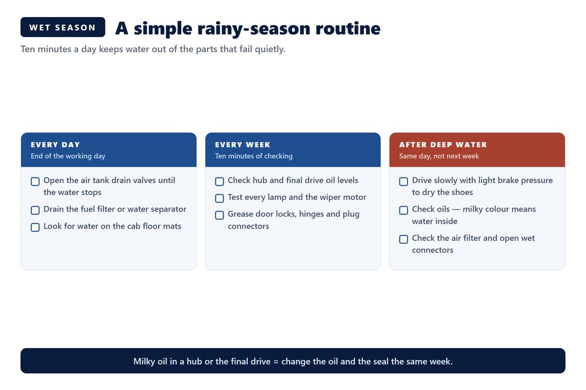 Rainy season routine for HOWO trucks in three cards: drain air tanks and fuel separator every day, check hub oil and lamps every week, and dry the brakes and check the oils after deep water