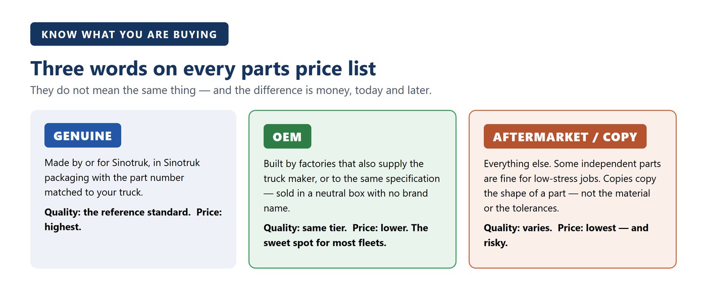 Diagram comparing genuine, OEM and aftermarket HOWO parts: what each grade means for quality and price