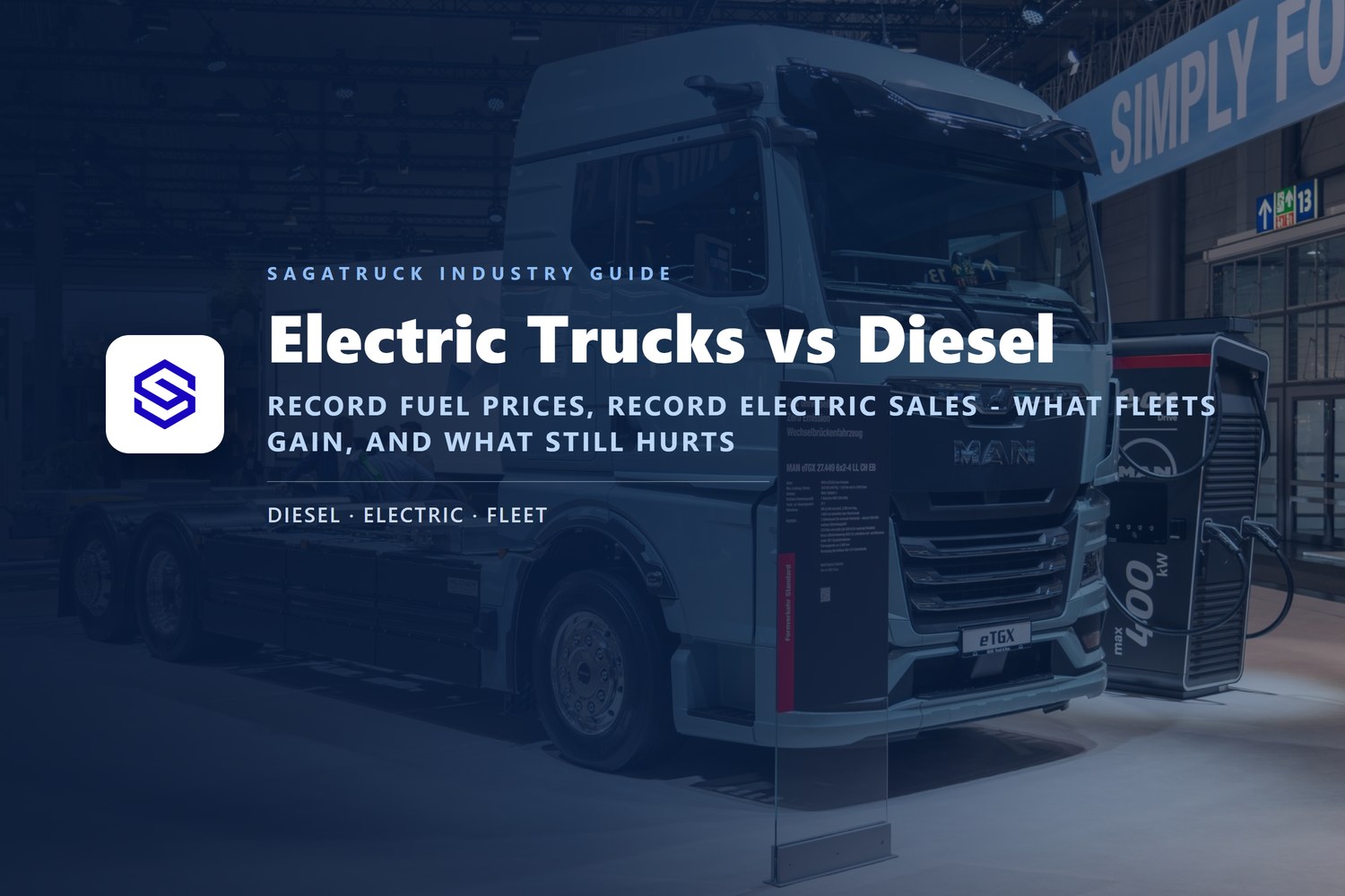 MAN eTGX electric truck charging at a 400 kW charger, IAA Transportation 2024. Photo by MarcelX42 via Wikimedia Commons, CC BY-SA 4.0. Guide cover: electric trucks versus diesel, record fuel prices and record electric sales, what fleets gain and what still hurts