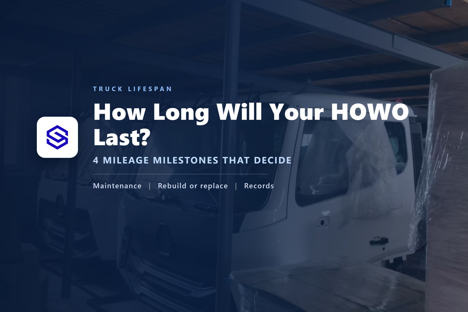 New truck cabs stored in the Sagatruck warehouse. Guide cover: how long a HOWO truck lasts and the four mileage milestones that decide