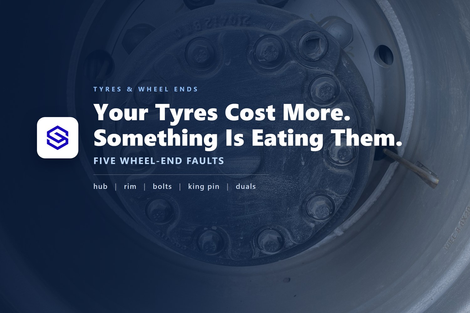 Close-up of a truck wheel hub with its ring of wheel nuts, guide cover: your tyres cost more, something is eating them