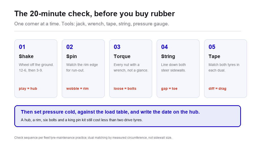 Infographic: the 20-minute wheel-end check - shake the wheel, spin it and watch rim run-out, torque every nut, string-line the steer tyres, tape both tyres in each dual