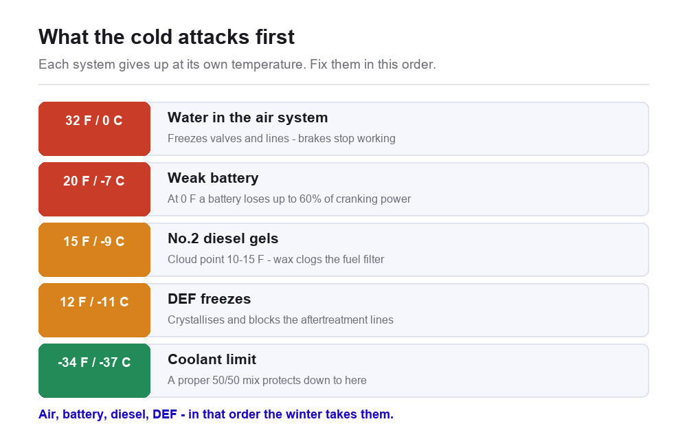 Temperature ladder diagram: water in the air system freezes at 32 F, weak battery struggles at 20 F, No.2 diesel gels at 15 F, DEF freezes at 12 F, and a 50/50 coolant mix protects down to -34 F