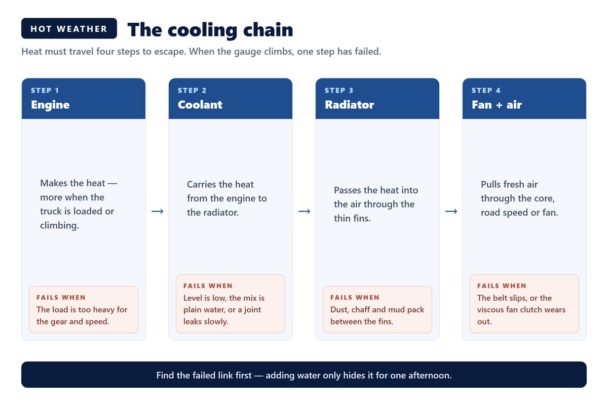 Diagram of the cooling chain on a HOWO truck: the engine makes the heat, the coolant carries it, the radiator passes it into the air, and the fan pulls air through the core, with the usual failure point of each step