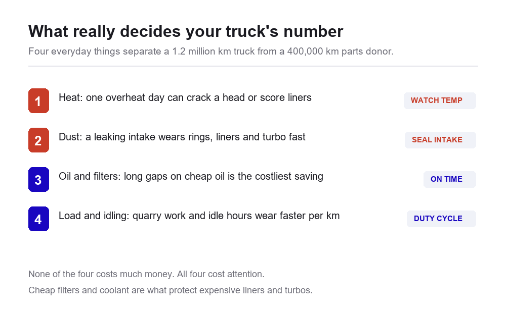 Four things that decide engine life: heat, dust, oil and filters, load and idling, with tags watch temp, seal intake, on time, duty cycle