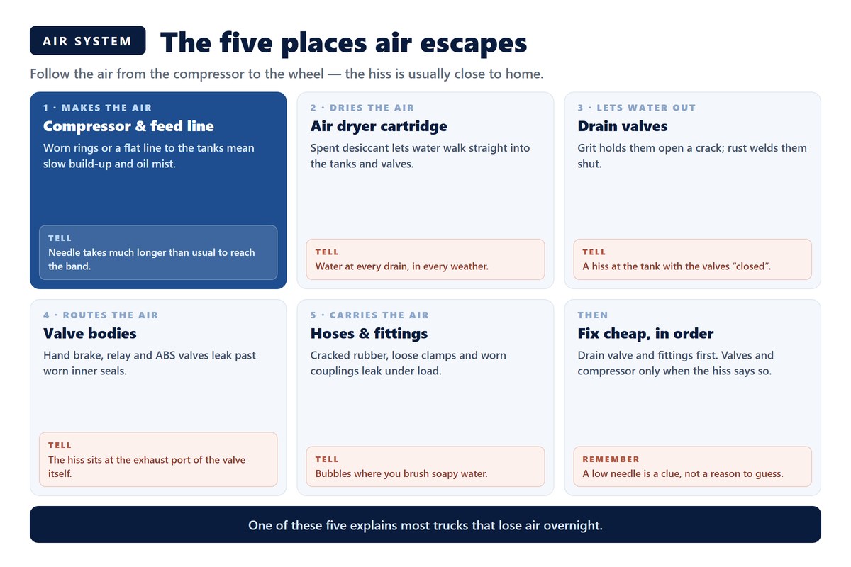 Five places air escapes on a HOWO truck: compressor and feed line, air dryer cartridge, drain valves, valve bodies such as the hand brake and ABS valves, and hoses with fittings