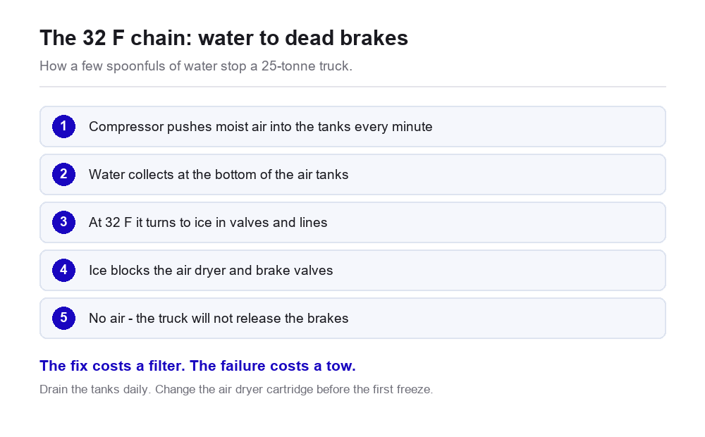 Five-step chain diagram: compressor pushes moist air into the tanks, water collects at the bottom, it freezes at 32 F, ice blocks the air dryer and brake valves, and the truck cannot release its brakes