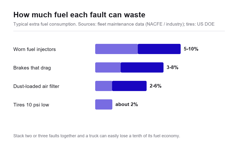 Bar chart of typical extra fuel consumption by fault: worn injectors 5 to 10 percent, brakes that drag 3 to 8 percent, dust-loaded air filter 2 to 6 percent, tires 10 psi low about 2 percent. Sources fleet maintenance data and US DOE