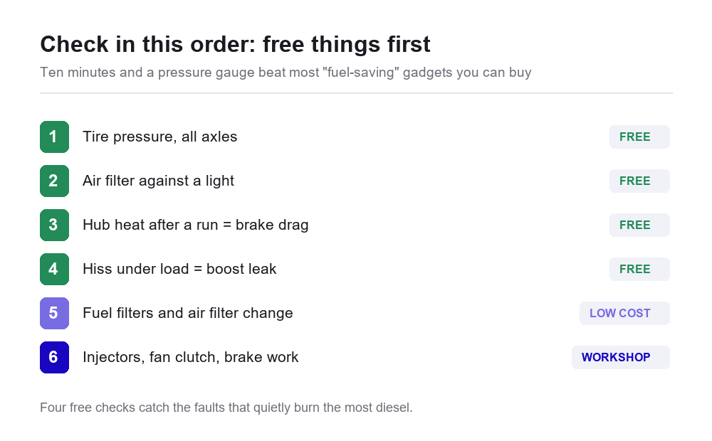 Checklist image showing the check order: tire pressure, air filter, hub heat and boost hiss marked free, then fuel and air filters marked low cost, then injectors fan clutch and brake work marked workshop