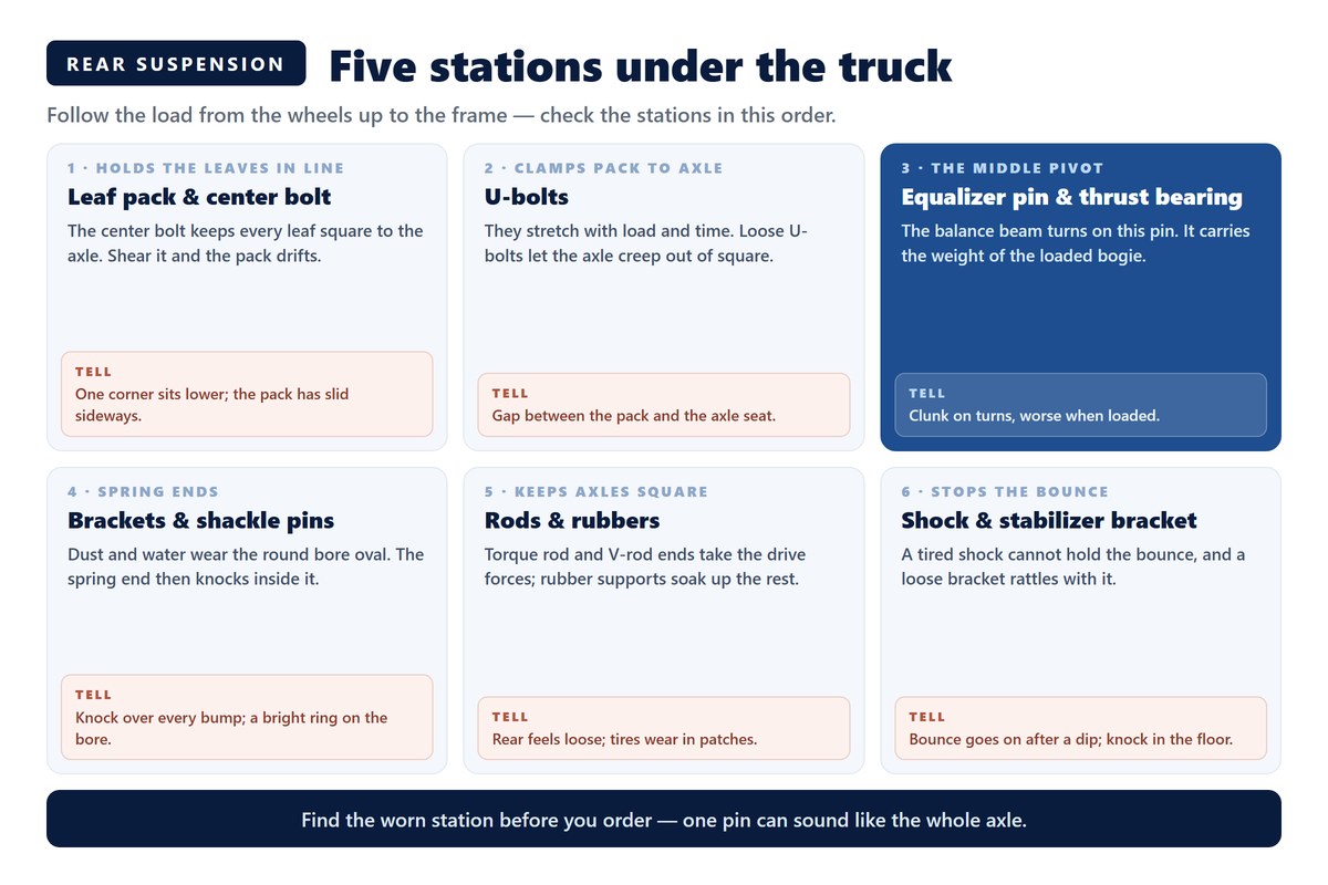 Five suspension wear stations on a HOWO 6x4: leaf pack and center bolt, U-bolts, equalizer pin and thrust bearing, brackets and shackle pins, rods and rubbers, shock and stabilizer bracket
