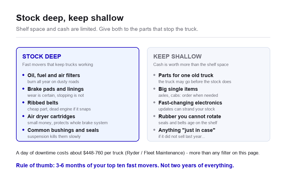 Two-column card: stock deep in oil fuel and air filters, brake pads and linings, ribbed belts, air dryer cartridges and common bushings; keep shallow in parts for one old truck, big single items, fast-changing electronics and rubber that cannot be rotated