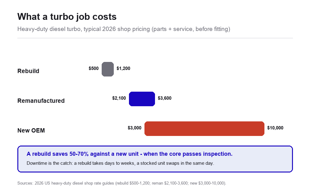 Range chart of 2026 heavy-duty turbo pricing: rebuild $500-1200, remanufactured $2100-3600, new OEM $3000-10000, with a note that a rebuild saves 50-70% against new when the core passes inspection