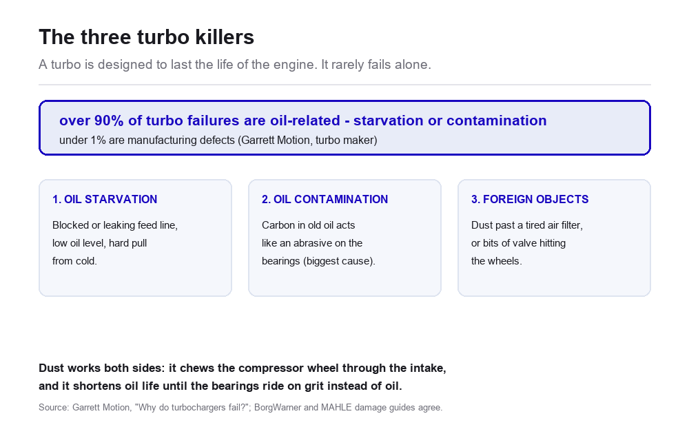 Infographic: the three turbo killers - oil starvation, oil contamination and foreign object damage - with Garrett's data that over 90% of turbo failures are oil-related and under 1% are manufacturing defects