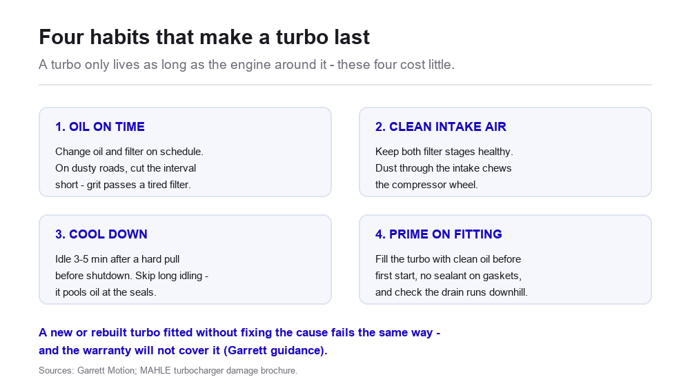 Four habits that make a turbo last: on-time oil changes, clean intake air at both stages, a short cool-down idle before shutdown, and priming the turbo with oil before first start