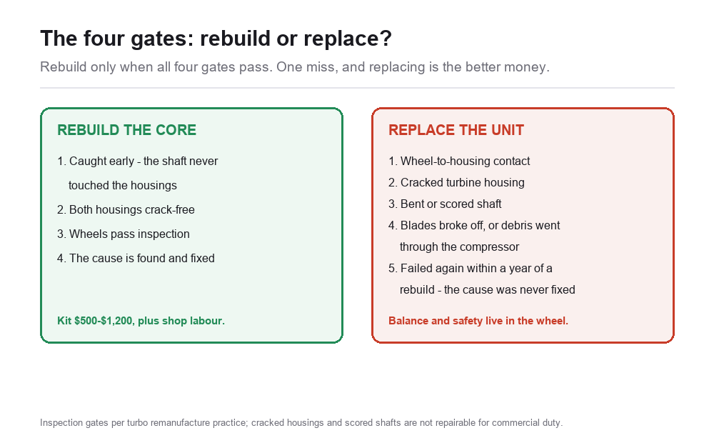 Decision chart: rebuild the core when the shaft never touched the housings, housings are crack-free, wheels pass inspection and the cause is fixed; replace when there is wheel contact, a cracked housing, a scored shaft, broken blades or a repeat failure