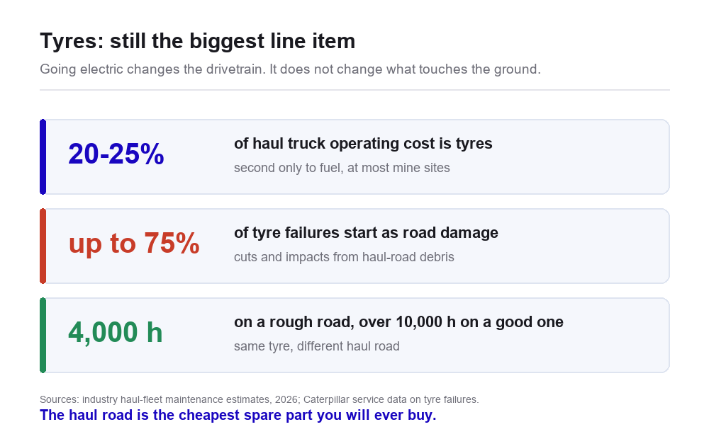 Tyre math for mining trucks: tyres are 20 to 25 percent of operating cost second only to fuel, up to 75 percent of failures start as cuts and impacts from road debris, and the same tyre runs under 4000 hours on a rough road versus over 10000 hours on a good one