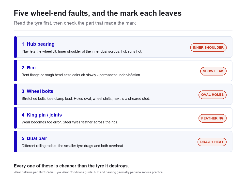 Infographic: five wheel-end faults and the tyre mark each leaves - hub bearing causes inner shoulder scrub, a bent rim causes a slow leak, stretched wheel bolts oval the holes, worn king pins cause feathering, mismatched duals drag and overheat