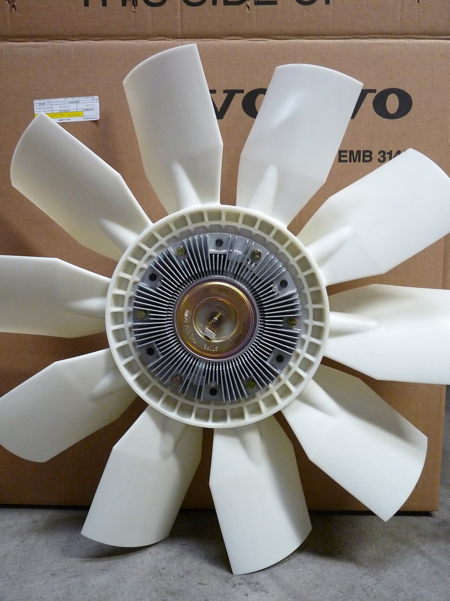 A viscous fan clutch with plastic fan blades from a heavy truck engine; the silver oil-filled hub in the centre is the part that slips with age